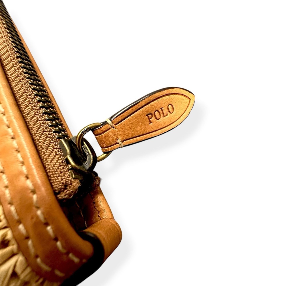 NEW Polo Ralph Lauren Natural Raffia Cow Leather Pouch Wallet Clutch Small Zip - Picture 5 of 13